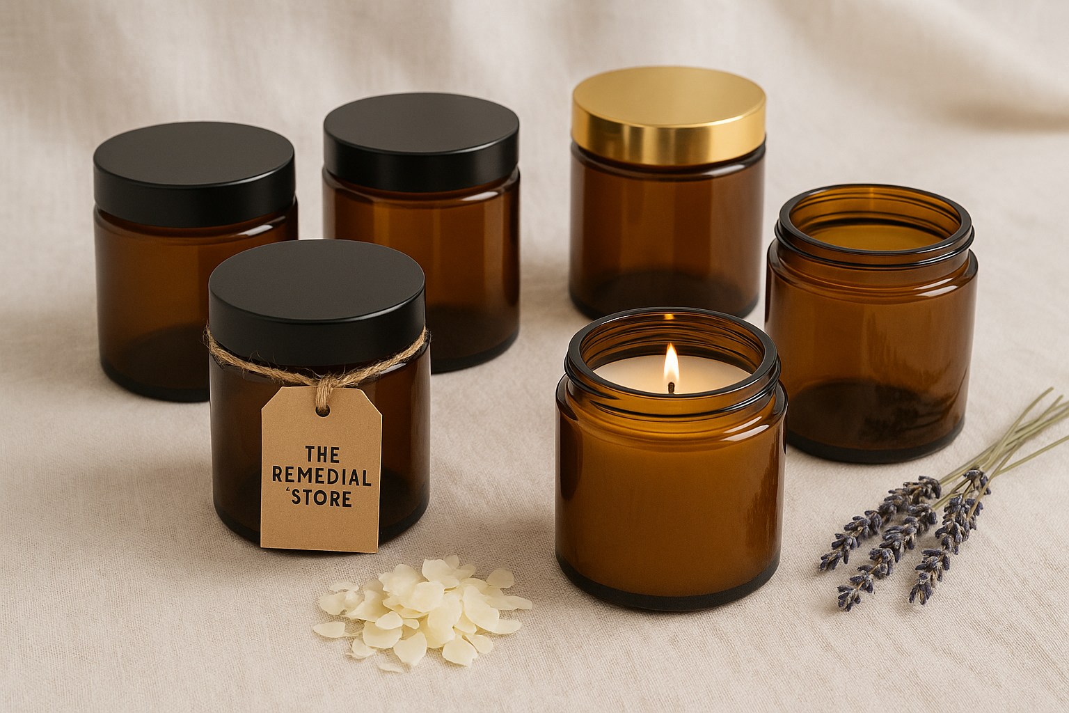 Set of 48 - 250ml Amber Glass Jars with Black or Gold Lid – Reusable Containers for Candle Making, Cosmetics, Balms & Storage – by The Remedial Store